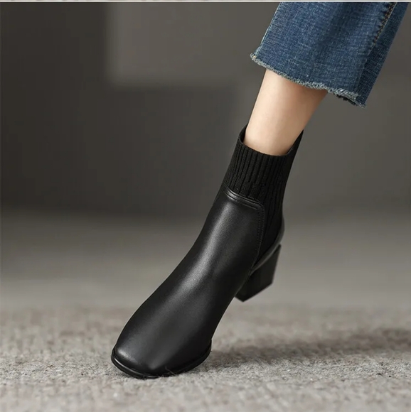Women's Genuine Leather Square Toe Ankle Boots with Chunky Heel - Winter Knitted - Picture 5 of 16
